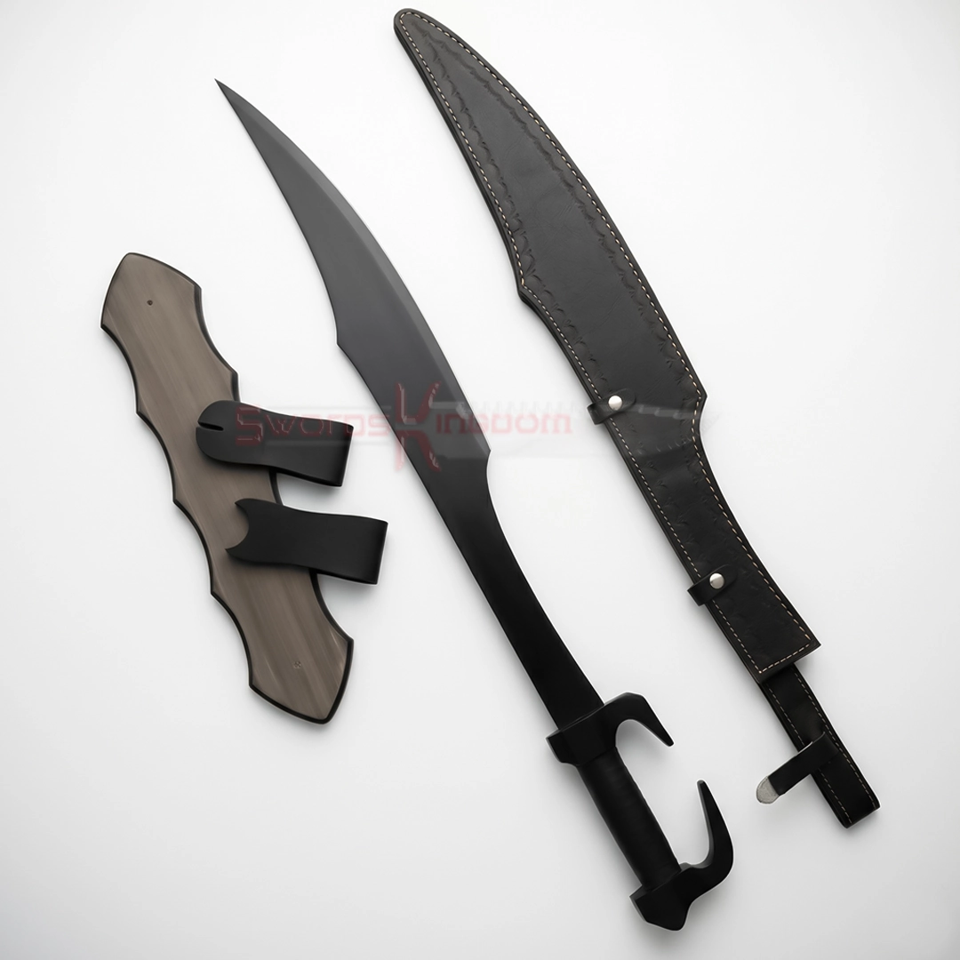 Leonidas Spartan sword from 300 movie with black blade, leather sheath, and wall mount display Leonidas Spartan Sword from 300