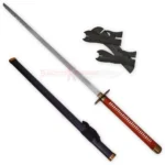 Bleach Aizen sword replica displayed with its black sheath, red handle and decorative wall mounts.