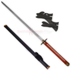 Bleach Aizen sword replica displayed with its black sheath, red handle and decorative wall mounts.