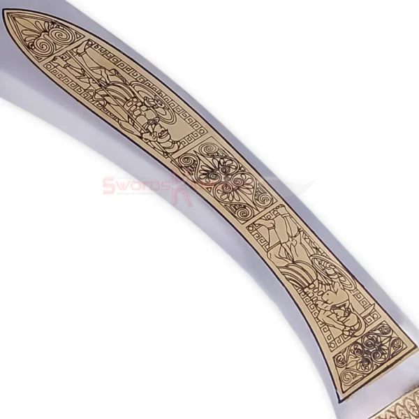 Detailed Red Handle and Ornate Gold Skull Pommel of Alexander the Great Sword