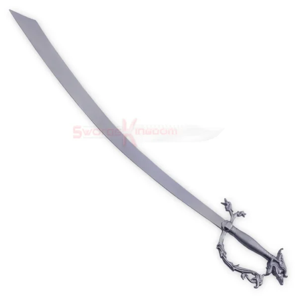 Full view of an Arabian Belly Dance Dragon Scimitar with a curved silver blade and ornate dragon-inspired handle.
