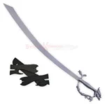 Arabian Dragon Scimitar displayed with its dark decorative sheath and curved chrome-finished blade.