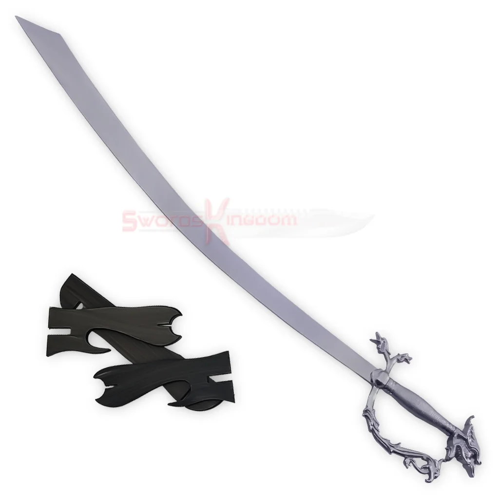 Arabian Dragon Scimitar displayed with its dark decorative sheath and curved chrome-finished blade.