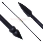 Armory Spartan Spear replica from 300 featuring a black spear shaft, pointed spearhead and decorative black spear holder.