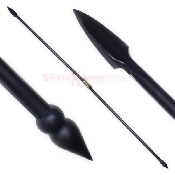 Armory Spartan Spear replica from 300 featuring a black spear shaft, pointed spearhead and decorative black spear holder.
