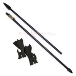 Armory Spartan Spear replica from 300 displayed with its black spear shaft, spearhead, decorative holder and matching accessories.