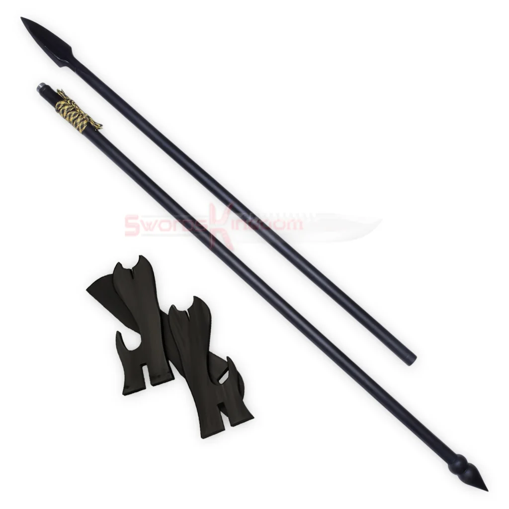 armory-spartan-spear-replica-accessories Armory Spartan Spear replica from 300 displayed with its black spear shaft, spearhead, decorative holder and matching accessories.