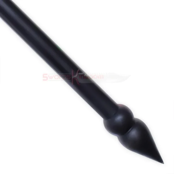 Close-up of the black Spartan Spear replica shaft and decorative pointed butt end with a rounded design.