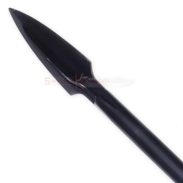 Close-up of the Armory Spartan Spear replica showing its black pointed spearhead and detailed shaft design.