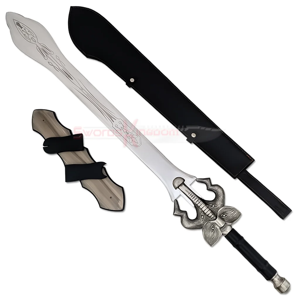 Auron Beast Master Masamune sword displayed with its black sheath and matching decorative accessories.