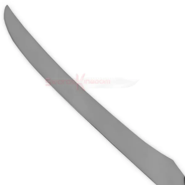 Close-up view of the curved silver blade of the Auron Katana sword replica from Final Fantasy.