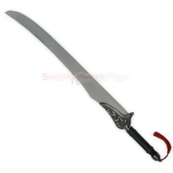 Full view of the Auron Katana sword replica from Final Fantasy featuring a curved silver blade, black handle and decorative guard with red tassel.