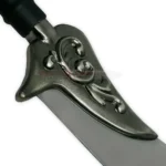 Detailed view of the ornate metal guard on the Auron Katana sword replica with decorative scrollwork.