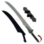 Auron Katana sword replica displayed with its black sheath, curved silver blade and detailed decorative guard.