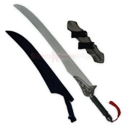Auron Katana sword replica displayed with its black sheath, curved silver blade and detailed decorative guard.