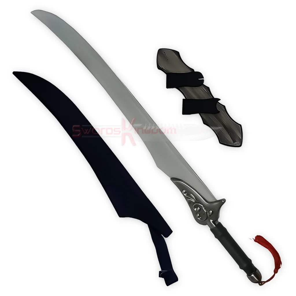 auron-katana-sword-replica-with-sheath Auron Katana sword replica displayed with its black sheath, curved silver blade and detailed decorative guard.