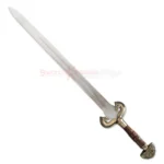 Full view of the Brown Eowyn 40-inch sword replica featuring a long silver blade, ornate gold guard, and brown leather-style handle.