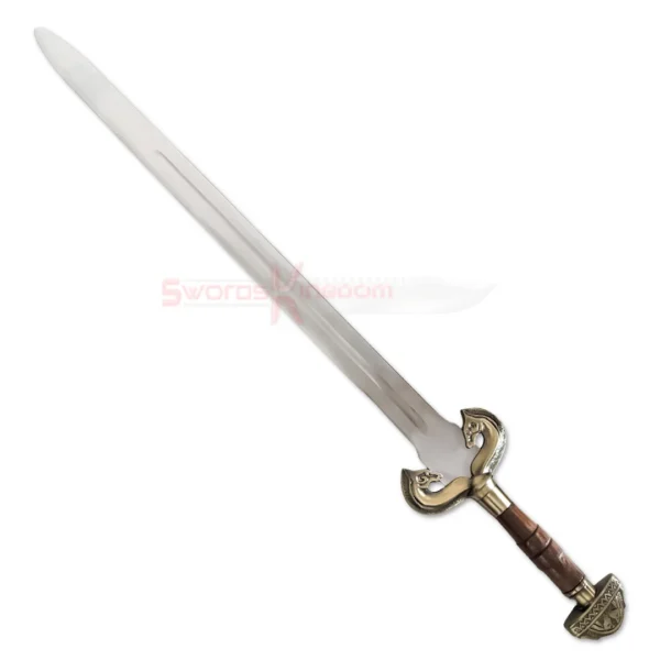 Full view of the Brown Eowyn 40-inch sword replica featuring a long silver blade, ornate gold guard, and brown leather-style handle.