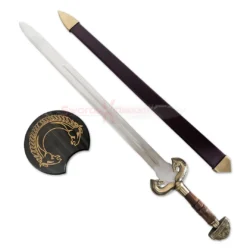 Brown Eowyn 40-inch sword replica displayed with its matching dark sheath and decorative shield accessory.