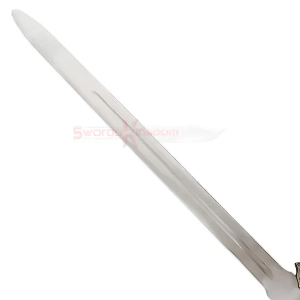 Close-up of the Brown Eowyn sword replica showing its long silver blade with a central fuller.