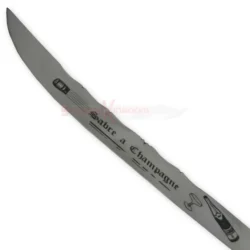 Close-up of the 17-inch Champagne Sabre blade featuring engraved decorative markings and a curved cutting edge.