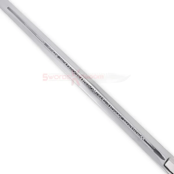 Close-up of the Peter sword replica showing the polished silver blade with decorative engraved detailing and a central fuller.