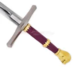 Detailed view of the Peter sword hilt with a silver crossguard, burgundy grip, ornate gold accents, and lion-inspired pommel.