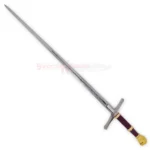 Full view of the Chronicles of Narnia Peter sword replica with a long silver blade, straight crossguard, burgundy grip, and ornate gold pommel.