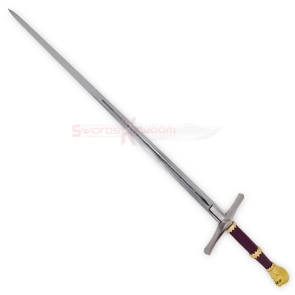 Full view of the Chronicles of Narnia Peter sword replica with a long silver blade, straight crossguard, burgundy grip, and ornate gold pommel.