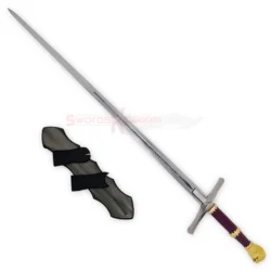 Chronicles of Narnia Peter sword replica displayed with its matching dark sheath, long silver blade, burgundy handle, and gold pommel.