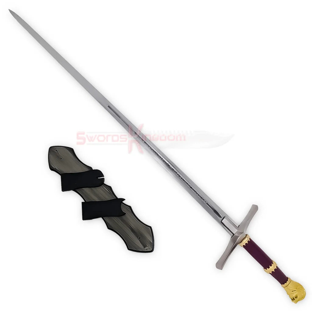 Chronicles of Narnia Peter sword replica displayed with its matching dark sheath, long silver blade, burgundy handle, and gold pommel.