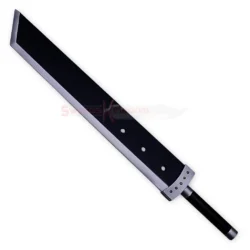 Full view of the black Cloud Buster Sword Wooden Edition with its oversized blade, black handle and silver-colored fittings.