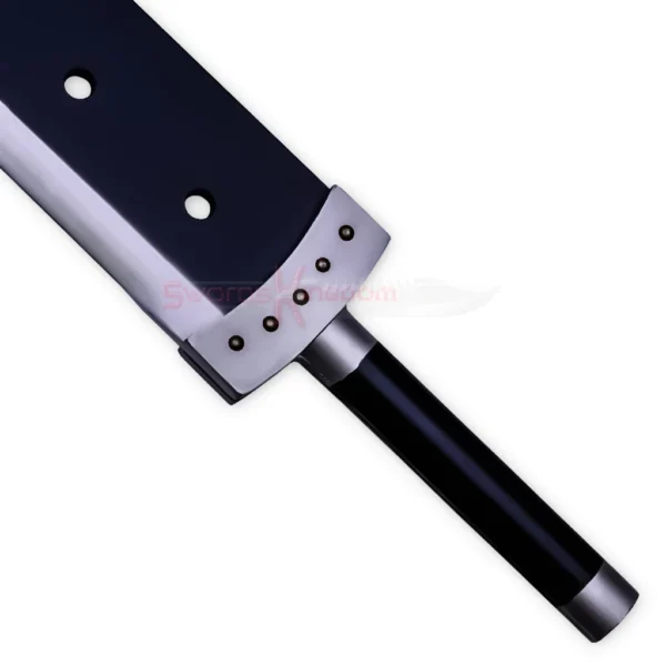 Close-up of the Cloud Buster Sword Wooden Edition handle featuring a black grip and silver-colored pommel guard with rivet details.