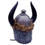 Rear view of a Conan the Barbarian Helmet Replica showing the silver domed crown, large black horns, brown fur trim, and overlapping scale-style neck protection.