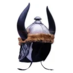 Detailed rear-side view of the Conan the Barbarian Helmet Replica showing the textured silver dome, prominent curved horns, brown fur edging, and decorative scale-style side protection.