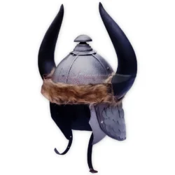 Front view of a Conan the Barbarian Helmet Replica featuring a silver-toned domed helmet, large black curved horns, brown fur trim, and layered scale-style cheek guards.