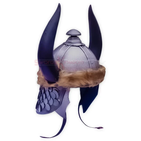 Side view of the Conan the Barbarian Helmet Replica highlighting its curved black horn, silver engraved helmet bands, fur trim, scale-style side guard, and hanging chin straps.