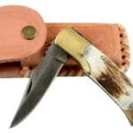 New Damascus Folding Blade Pocket Knife Strong Grip Orange Leather Sheath 