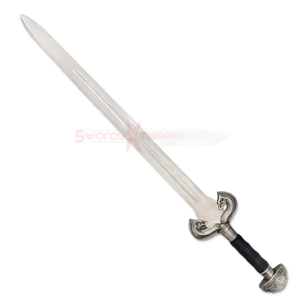 Éowyn sword replica from Lord of the Rings with silver blade, ornate horse guard and black handle.
