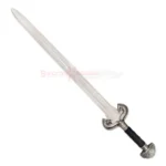 Éowyn sword replica from Lord of the Rings with silver blade, ornate horse guard and black handle.