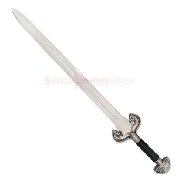 Éowyn sword replica from Lord of the Rings with silver blade, ornate horse guard and black handle.