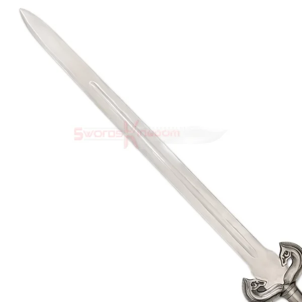 Close-up of the silver blade and decorative horse-shaped guard on the Éowyn sword replica.