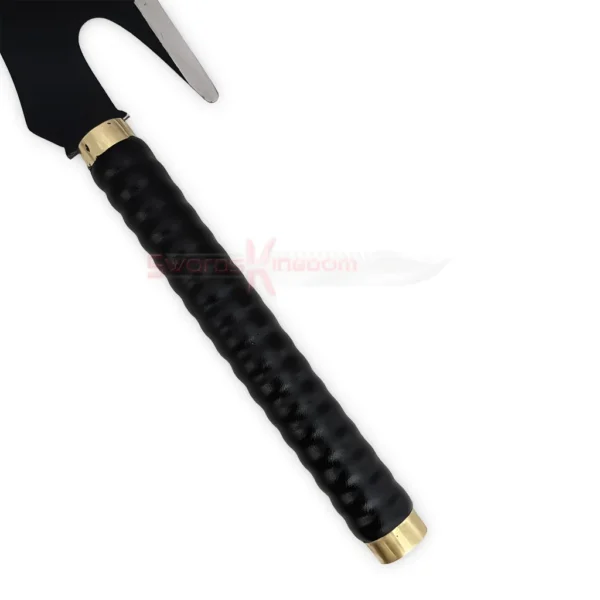 Close-up of the Fullbring Fulltang Sword Replica handle with black grip and gold fittings