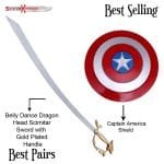 Functional Arabian Belly Dance Dragon Scimitar Gold Handle & Red Captain America Shield Replica