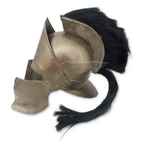 Rear view of a functional King Leonidas Spartan Helmet Replica from 300 with a bronze-finished dome, decorative crest, and long black horsehair plume