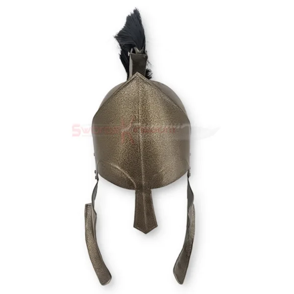 Front view of a functional King Leonidas Spartan Helmet Replica from 300, featuring an antique bronze finish, pointed crest, black horsehair plume, and hanging cheek guards.