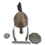 King Leonidas Spartan Helmet Replica from 300 shown with its removable components, including the bronze helmet, black horsehair plume, cheek guards, and mounting hardware.