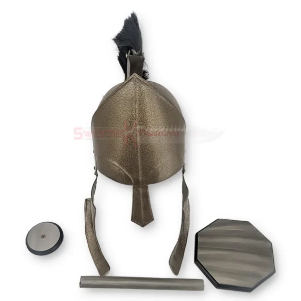 King Leonidas Spartan Helmet Replica from 300 shown with its removable components, including the bronze helmet, black horsehair plume, cheek guards, and mounting hardware.