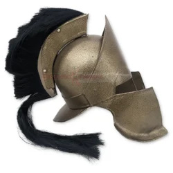 Side view of a functional King Leonidas Spartan Helmet Replica from 300 showing the bronze-toned dome, pointed brow, large black horsehair plume, and protective face guard.