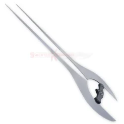 Full view of the Halo Energy 36-inch sword replica inspired by Master Chief, featuring a long silver double-edged blade and distinctive curved guard.